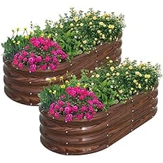 SnugNiture Galvanized Raised Garden Bed Outdoor, 2 Pcs 4x2x1ft Oval Metal Planter Box for Planting Plants Vegetables, Brown