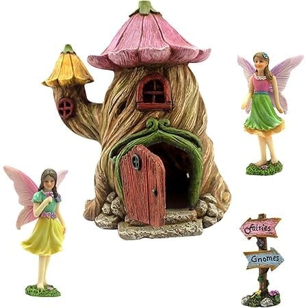 PRETMANNS Fairy Garden House Kit - Fairy Garden Accessories Outdoor - Fairy House & Fairies for Fairy Garden - Fairy Garden Kit - Garden Fairy House - 4 Items