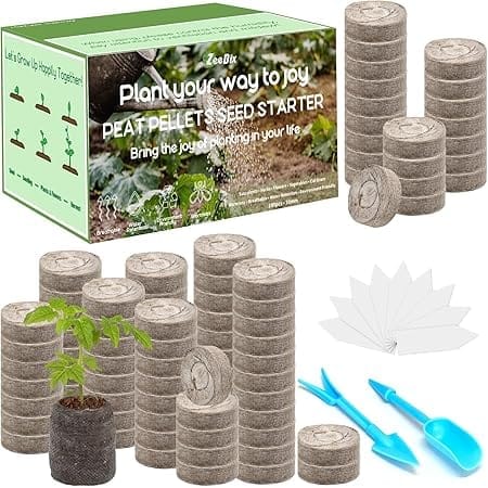 ZeeDix 100 Pcs 30mm Peat Pellets Seed Starter Soil Pods Plugs for Vegetable Seedling, Compressed Peat Nutrient Pods for Planting Easy Transplant with 100 Plant Labels & 2 Garden Tools