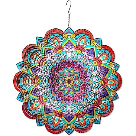 GDNIART Wind Spinner Mandala Lucky Flower 12inch 3D Stainless Steel Garden Sculpture Worth Gift Laser Cut Hanging Wind Spinners Metal Kinetic Yard Art Decorations Indoor/Outdoor Décor