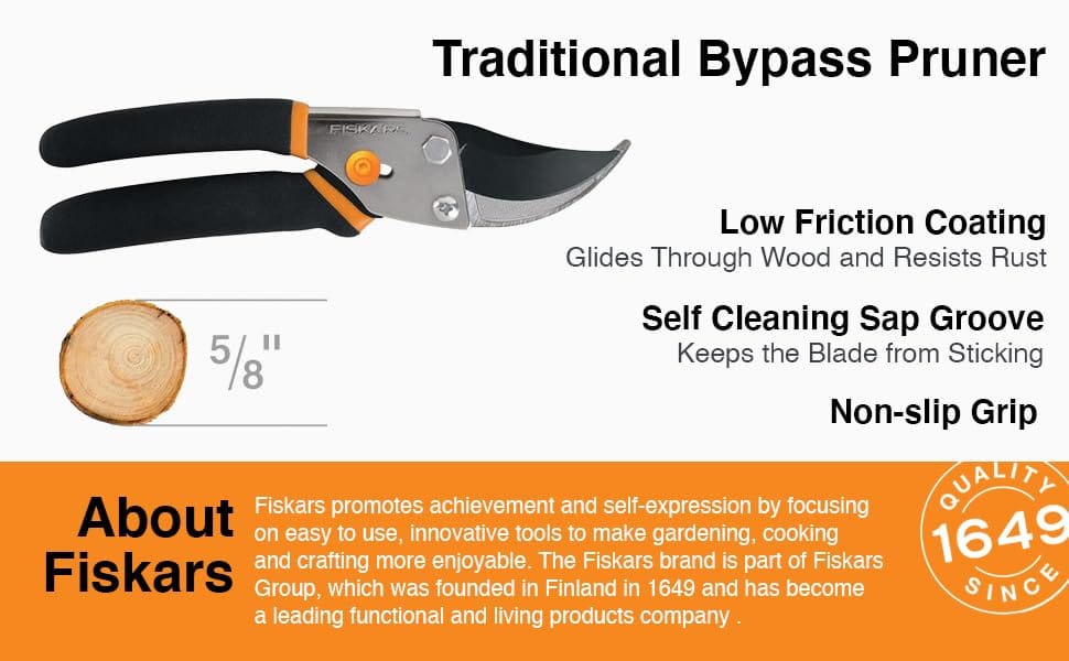 Diagram of Pruner Features; low friction coating, self cleaning sap groove and non-slip grip