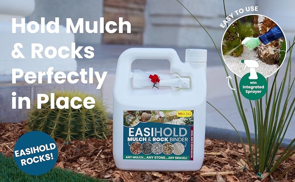 Easihold mulch and gravel binder holds mulch for landscaping in place.