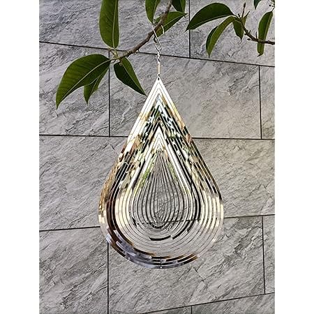 Wind Spinner Flowing-Light Effect Courtyard Decorations Made of Stainless Steel House Hanging Decoration 12“x 8“ Spinners with a 360° Rotating Hook (1 pc Water Drop-Silver)