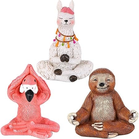 Mood Lab Miniature Yoga Figurines Set - Funny Mini Statue Kit of 3 pcs - Flamingo, Lama & Sloth in Meditation Pose - Fairy Garden Decor