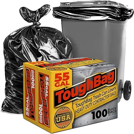 ToughBag 55 Gallon Trash Bags, Large 55-60 Gallon Industrial Trash Bags, Black Garbage Bags, 38 x 58" (100 COUNT) - Outdoor Trash Can Liners for Commercial, Janitor, Lawn and Leaf - Made in USA