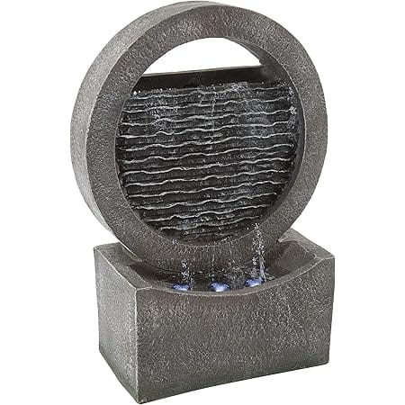 Round Cascade Outdoor Fountain - 18.5-Inch Modern Polyresin Waterfall with Stone Wall Design and LED Lights for Outdoor Decor by Pure Garden (Gray)