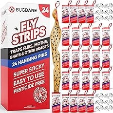 24 Fly Strips Indoor Sticky Hanging with Pins. Paper Tape for Indoors and Outdoor. Catcher Ribbon Traps Flypaper. Fruit Gnat
