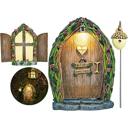 Opening Fairy Door and Window for Trees with Light – Glow in The Dark Yard Art Sculpture Decoration for Kids Room, Wall and Trees Outdoor | Miniature Fairy Garden Outdoor Decor Accessories