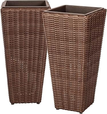 Patio Sense 62501 Alto Wicker All-Weather Planter Set with Liners Tall Plant Decor Box for Outdoors Patio Herb Garden Furnishings - Mocha - Pack of 2