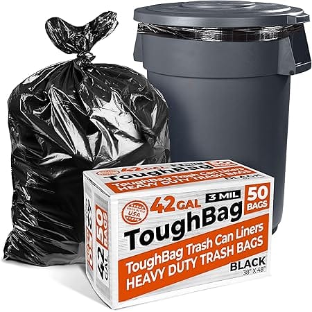 ToughBag 42 Gallon Trash Bags, 3 Mil Contractor Bags, Heavy Duty Large Trash Can Liners, Black Garbage Bags, 38 x 48" (50 COUNT) - Outdoor, Construction, Lawn, Industrial, Leaf - Made in USA