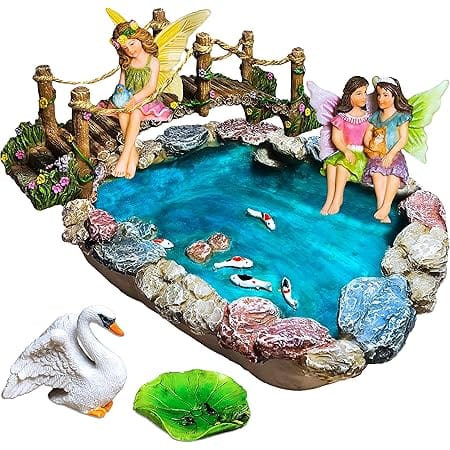 Mood Lab Fairy Garden Fish Pond Kit - Miniature Bridge Set of 6 pcs Fairy Garden Figurines & Accessories - Outdoor or House Decor