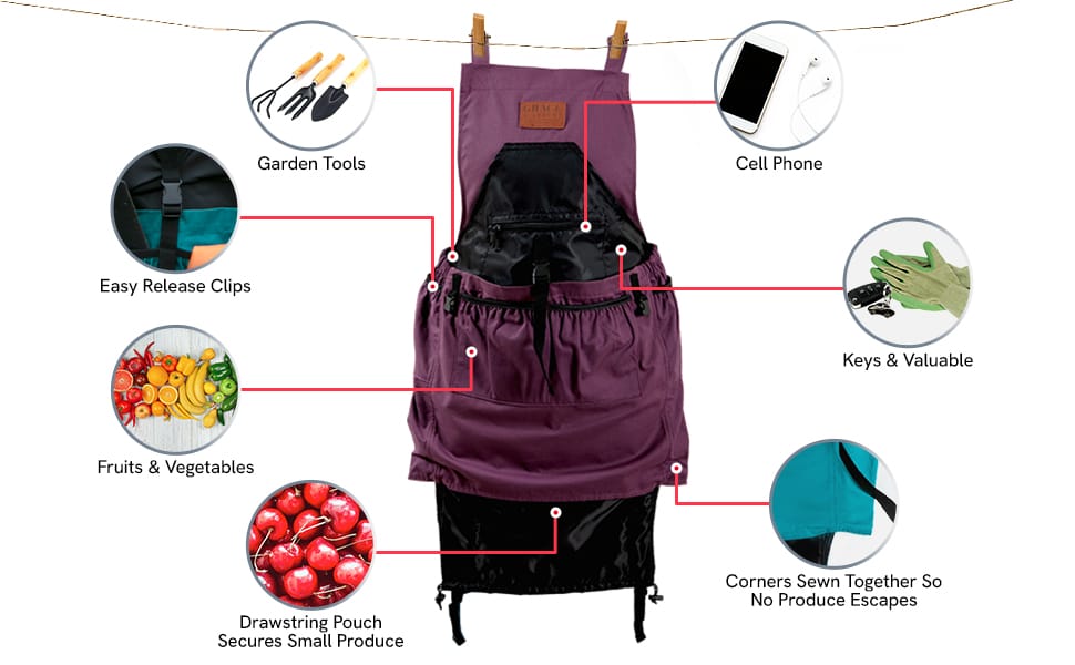 Features, 7 Pockets, easy release clips, cell phone pocket, able to harvest small fruits & veges